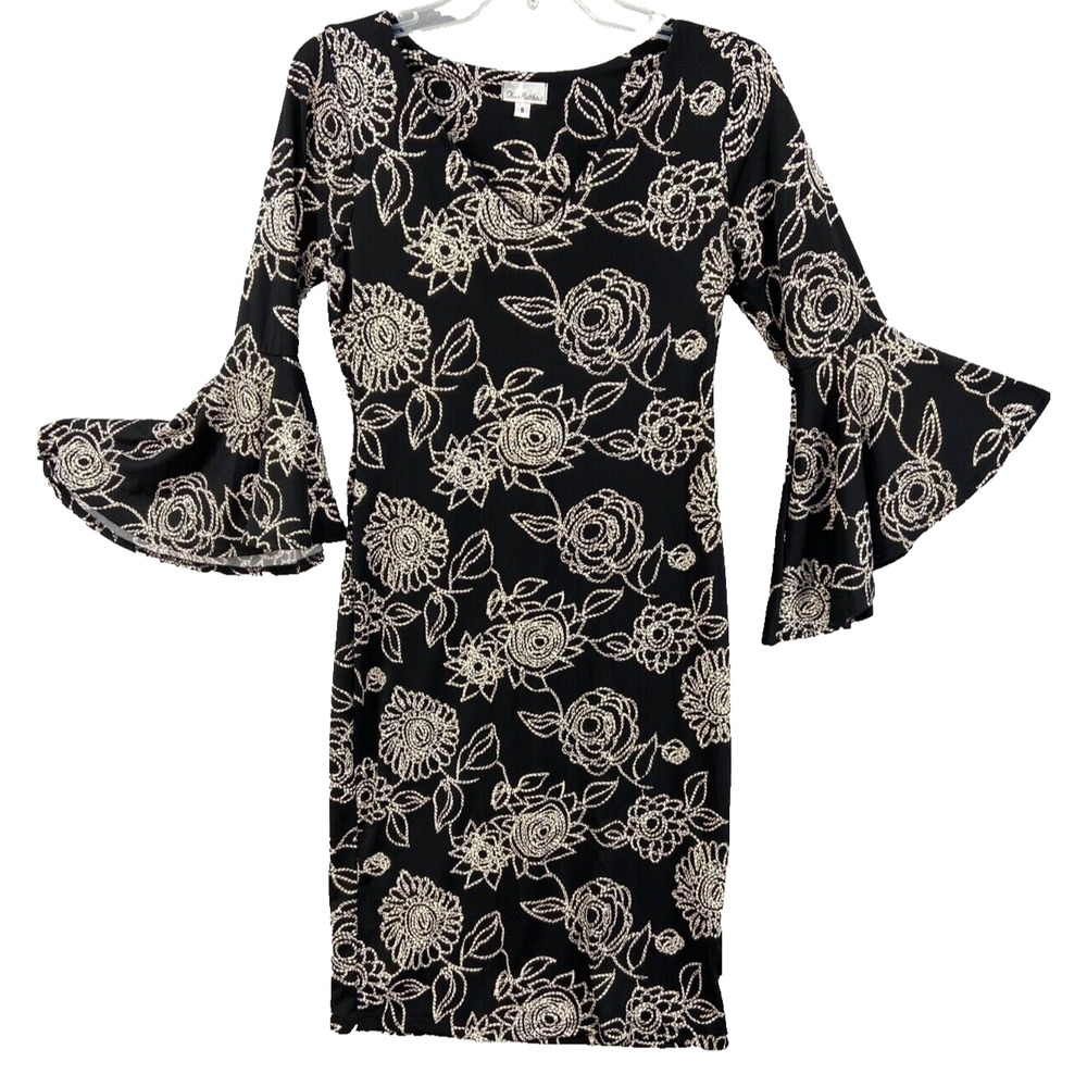 Olivia Matthews Dress Womens Sz S‎ Black White Floral Stretch Ruffle Bell Sleeve